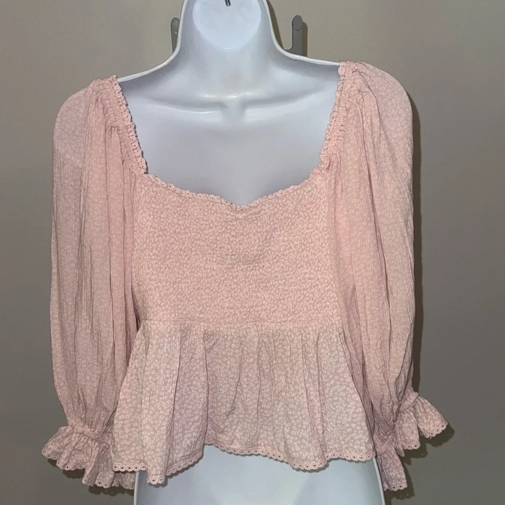 Free People Pink Puff Sleeve Smocked Blouse , sz M